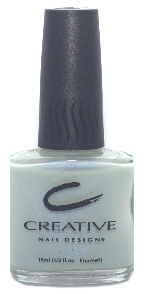 A bottle of Creative Nail Design nail polish in a semi-sheer sea green color with aqua shimmer.