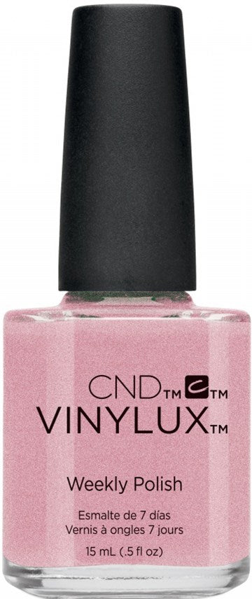 CND Vinylux nail polish bottle with pink color and black cap on a white background