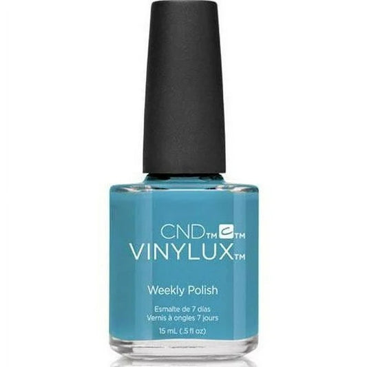 CND Vinylux teal nail polish bottle on a white background