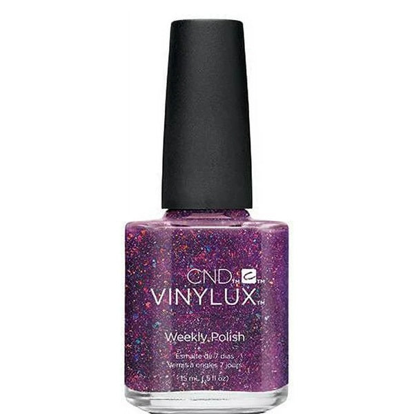 Vinylux nail polish bottle with purple glittery polish on a white background