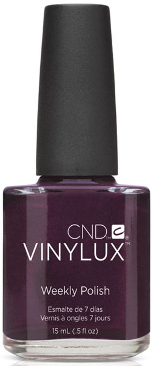 CND Vinylux nail polish bottle with dark purple color on a white background