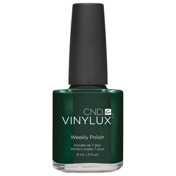 Green bottle of CND Vinylux nail polish on a white background