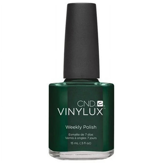 Green bottle of CND Vinylux nail polish on a white background