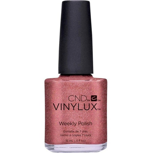 CND Vinylux nail polish bottle with a metallic pink color on a white background