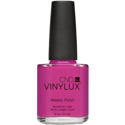 CND Vinylux pink nail polish bottle with black cap on a white background