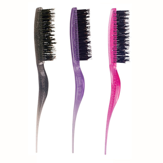 Three hairbrushes in different colors (black, pink, and purple) with a sparkly design and mixed bristle types.