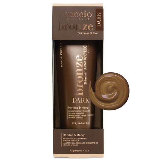 Guccio Naturale Bronze Dark Shimmer Butter in Moringa & Mango scent, shown in its brown cardboard packaging with a clear window and a brown cream swirl swatch on the right.