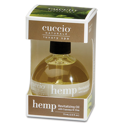 Cuccio Naturale hemp revitalizing oil packaging on a white background