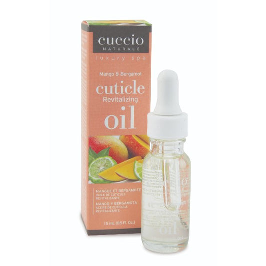 Cuccio Mango & Bergamot cuticle oil bottle and packaging on a white background