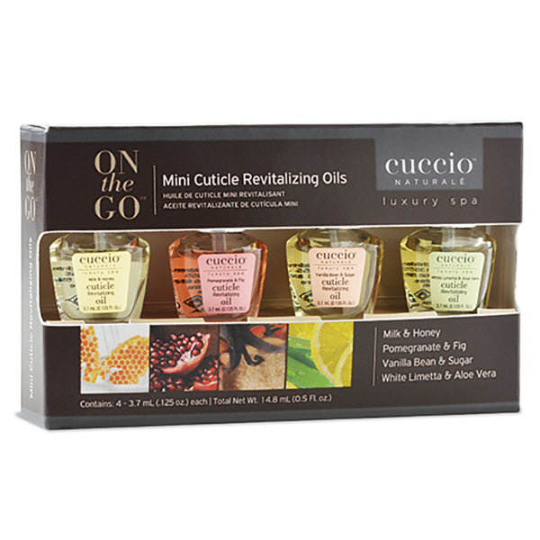 Cuccio mini cuticle revitalizing oils set in packaging on a white background
