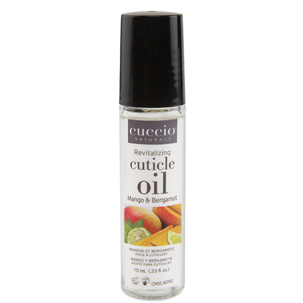Cuccio Naturale roll-on cuticle oil bottle with black cap on a white background