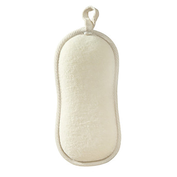 Beige exfotianing body sponge with a rope handle on a white background