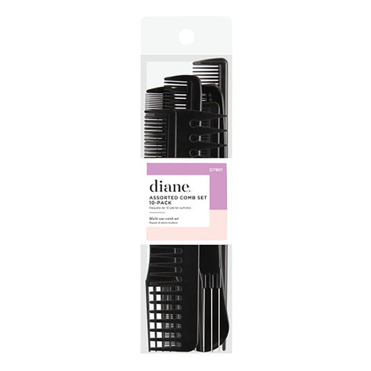Packaged set of black combs with 'diane' branding on a white background