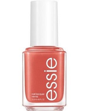 A bottle of Essie nail polish in a salmon orange color with a subtle bronze gold micro-shimmer.