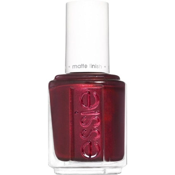 Bottle of Essie nail polish with a red shade on a white background