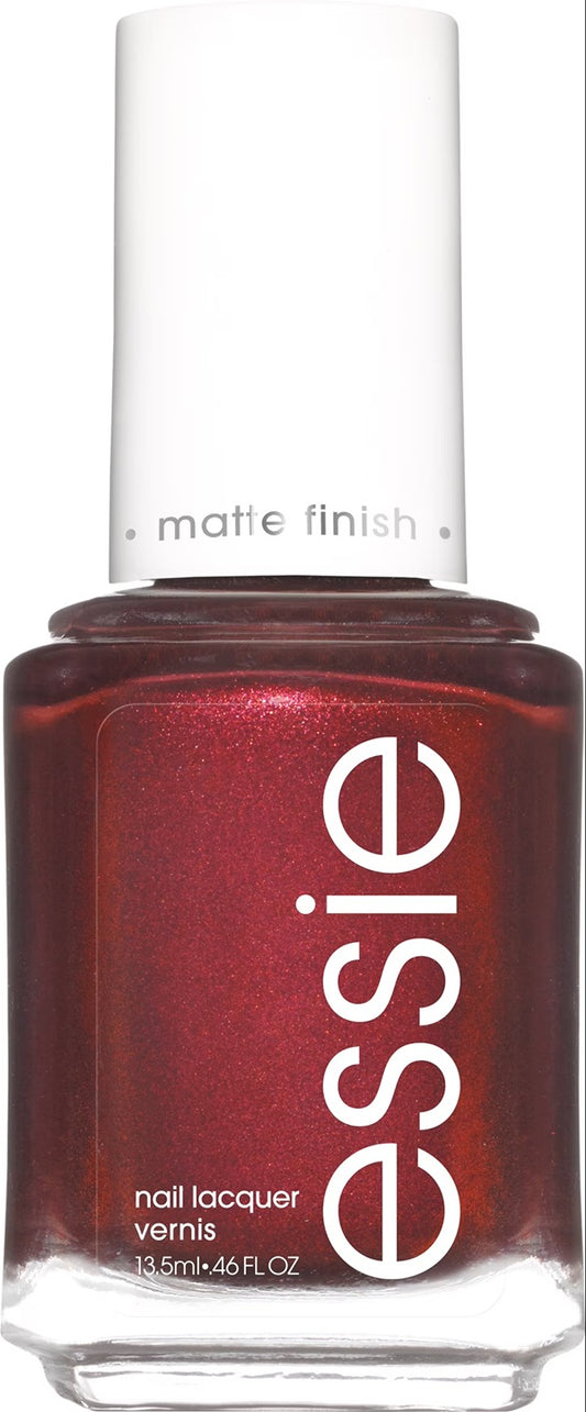 Essie nail polish bottle with burgundy red color and white cap on a white background