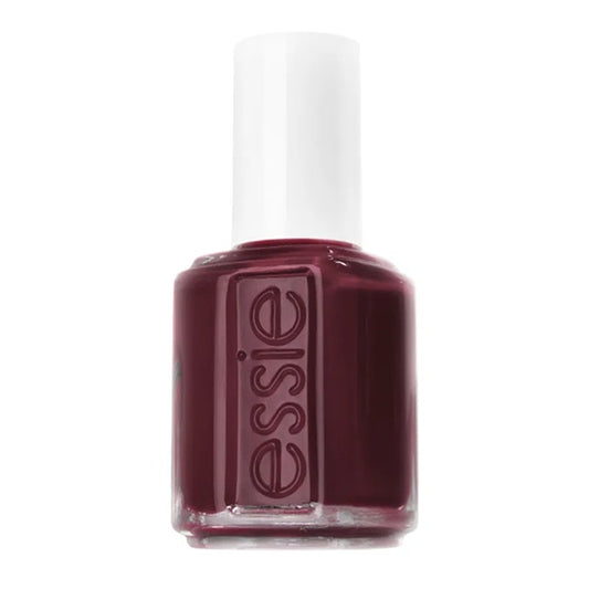 Bottle of essie nail polish in a dark red color on a white background