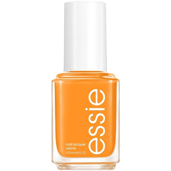 Orange nail polish bottle with 'essie' branding on a white background