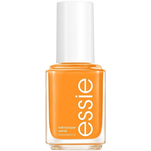 Orange nail polish bottle with 'essie' branding on a white background
