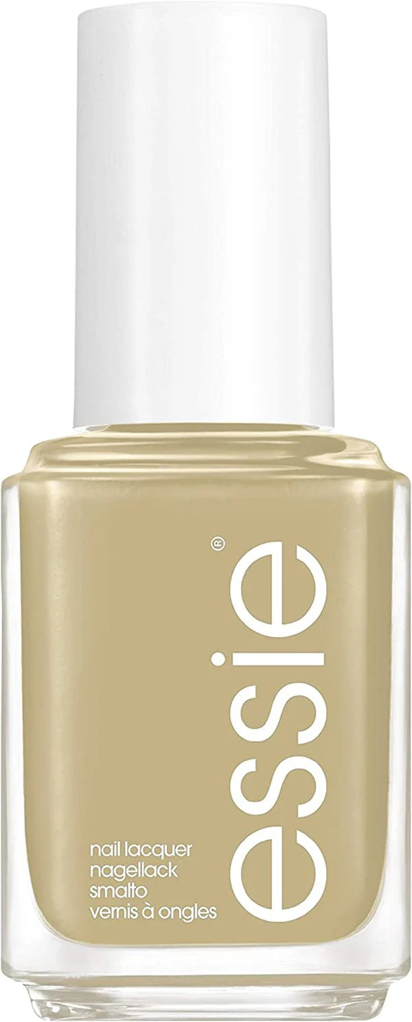 Essie nail polish bottle in a sage green color with a white cap.