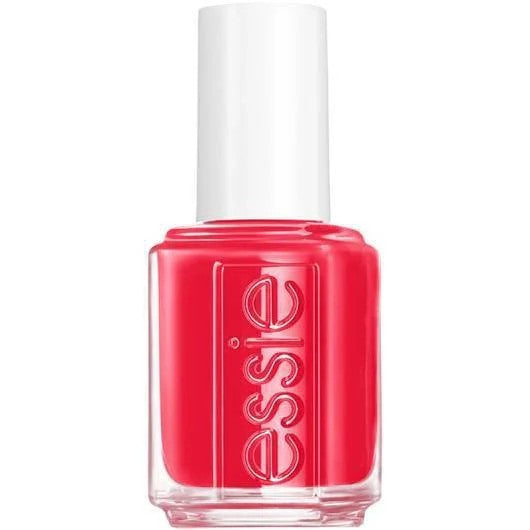 Essie coral orange/red nail polish bottle with white cap on a white background