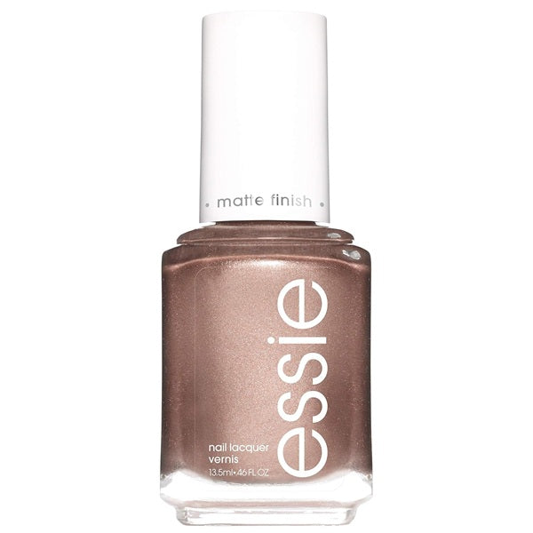 Essie beige shimmer nail polish bottle with metallic finish on a white background