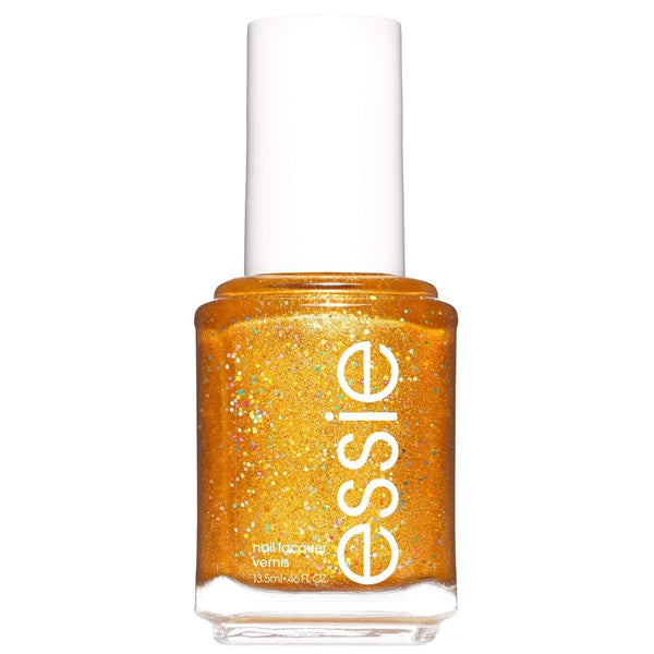 Essie nail polish bottle with gold glittery finish on a white background