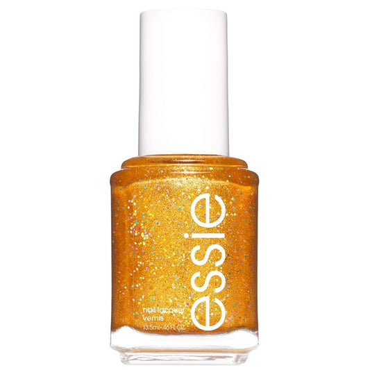 Essie nail polish bottle with gold glittery finish on a white background