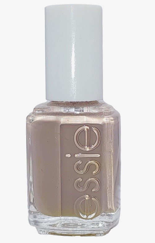 A bottle of Essie Nail Polish in a medium sandy beige creme color, with a white cap and black label.