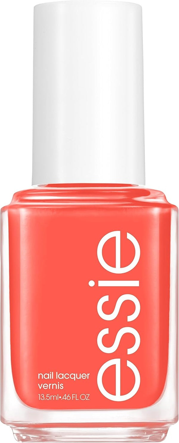 Essie nail polish bottle in a bright coral color with a white cap.
