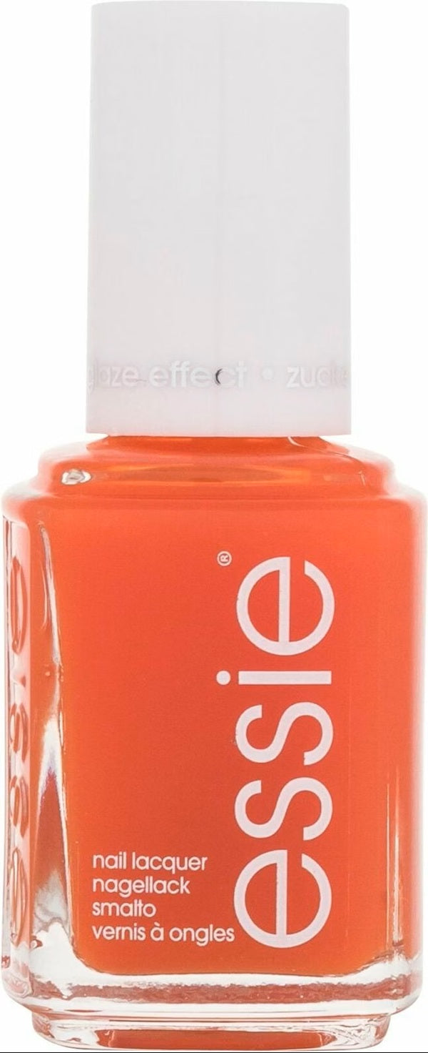 Orange nail polish bottle with white cap labeled 'essie' on a white background