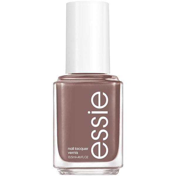 Essie brown nail polish bottle on a white background