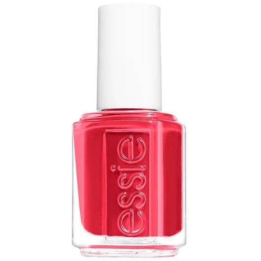 Essie coral red nail polish bottle with white cap on a white background