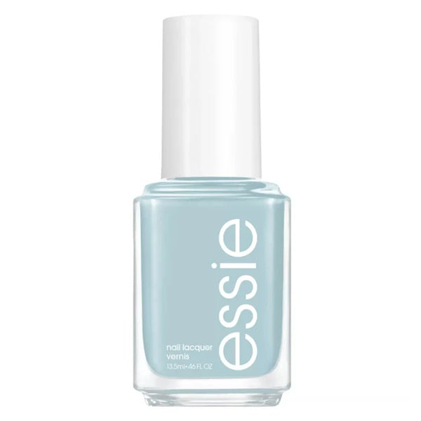 Essie light blue nail polish bottle on a white background