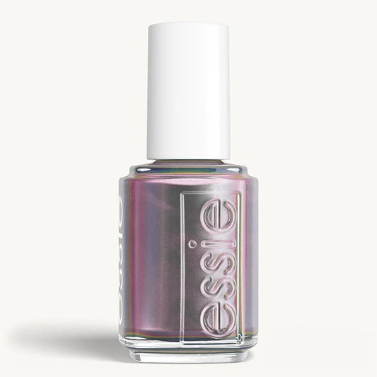 Essie green to purple multi chrome nail polish bottle on a white background.