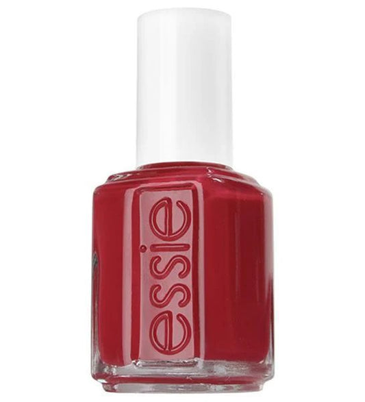 Essie red nail polish bottle with white cap on a white background