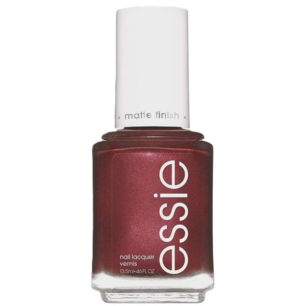 Essie deep red nail polish bottle with a matte finish on a white background
