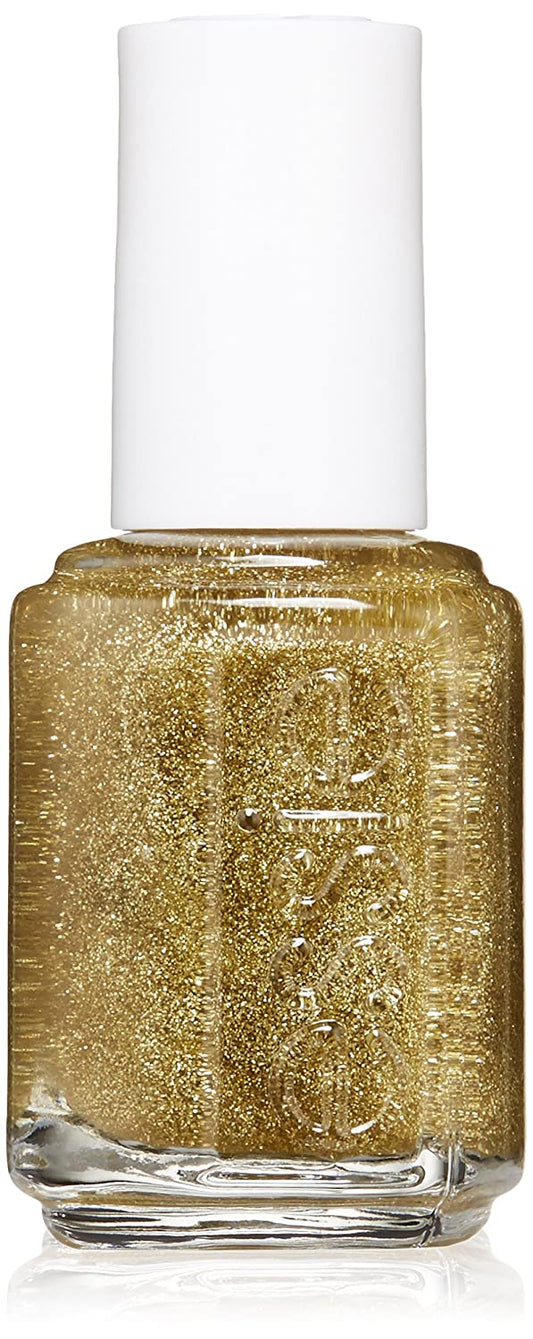 Essie gold glitter nail polish bottle with white cap.