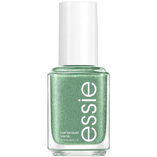 Essie metallic green shimmer nail polish bottle on a white background