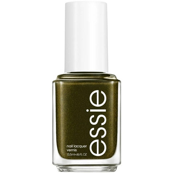 Essie nail polish bottle with a deep olive green color on a white background