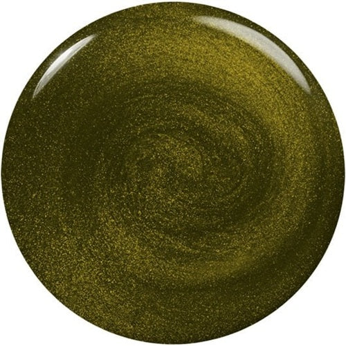 Close-up of an olive green shimmery nail polish swatch on a white background