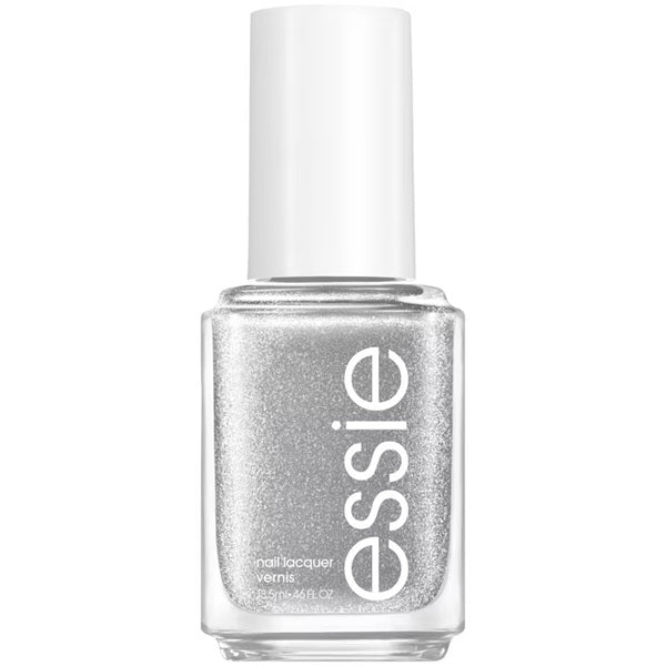 Essie metallic silver shimmer nail polish bottle on a white background
