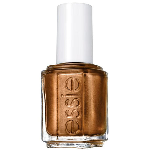A bottle of Essie nail polish in a metallic bronze shade, featuring a white cap and a clear glass bottle with the brand name embossed on the front.