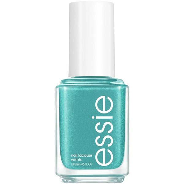Essie teal shimmer nail polish bottle with white cap on a white background