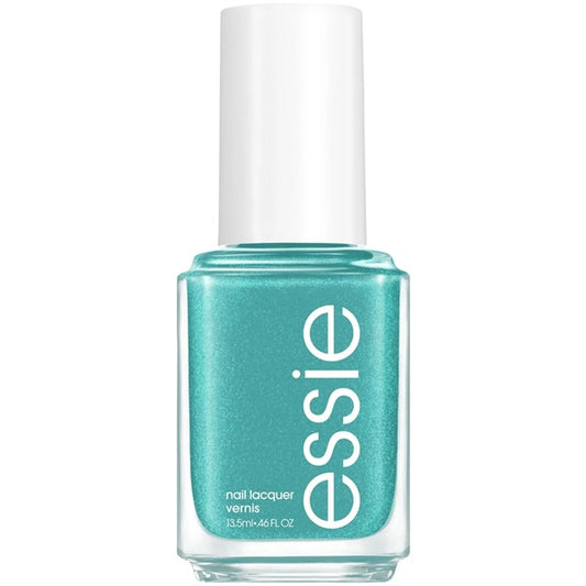 Essie teal shimmer nail polish bottle with white cap on a white background