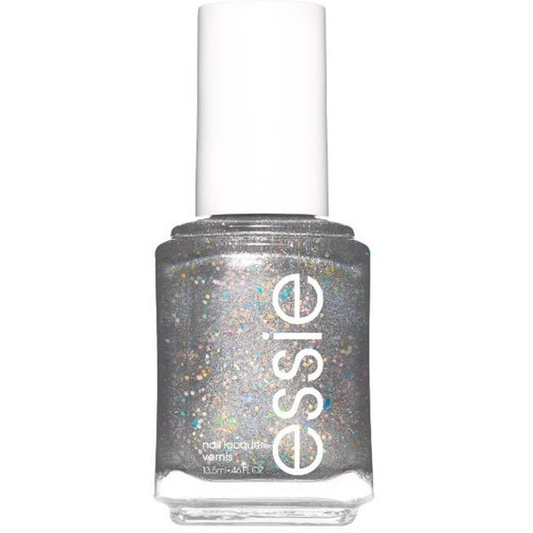 Essie nail polish bottle with glittery silver color on a white background