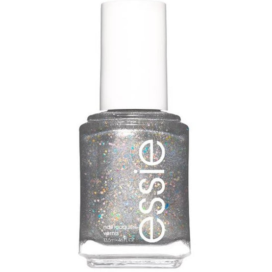 Essie nail polish bottle with glittery silver color on a white background