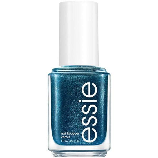 Essie teal blue nail polish bottle with white cap on a white background