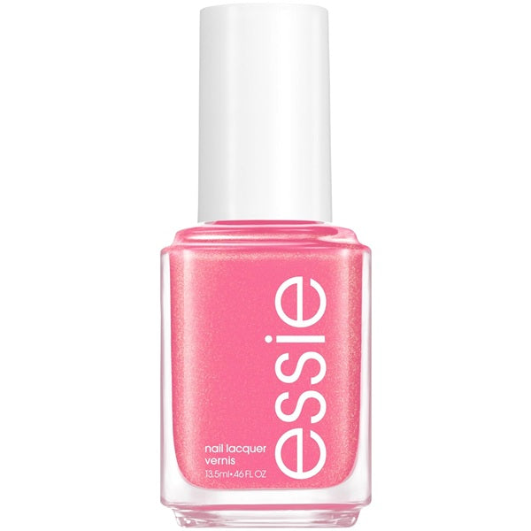 Essie pink shimmer nail polish bottle with white cap.