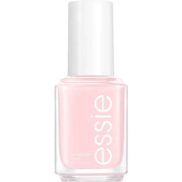 Essie nail polish bottle with light pink polish and white cap on a white background